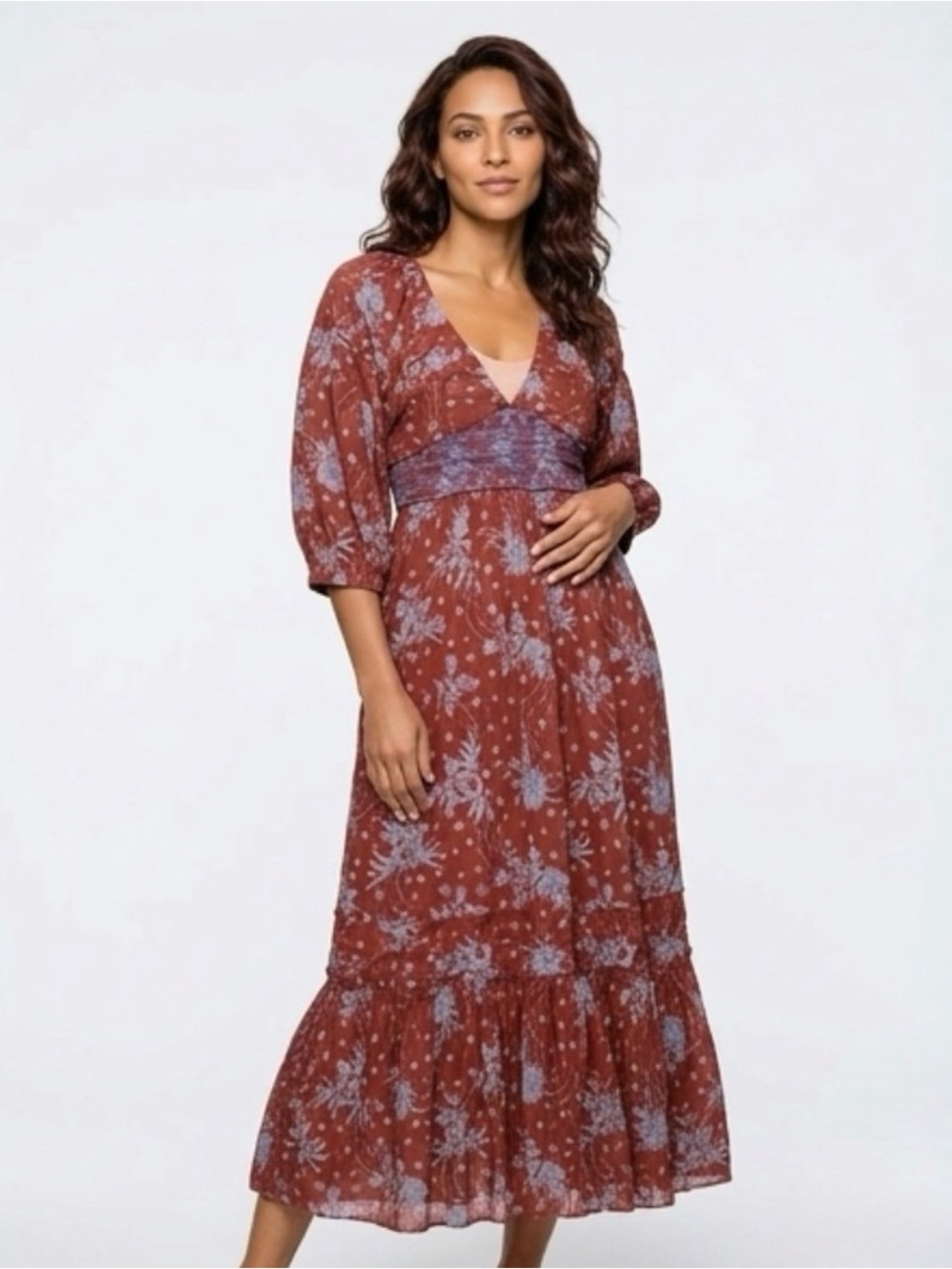 Free People Rust Floral Maxi Dress with Blue Accents